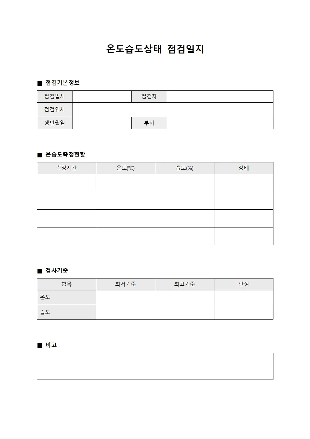 온도습도상태점검일지 - 검사기준