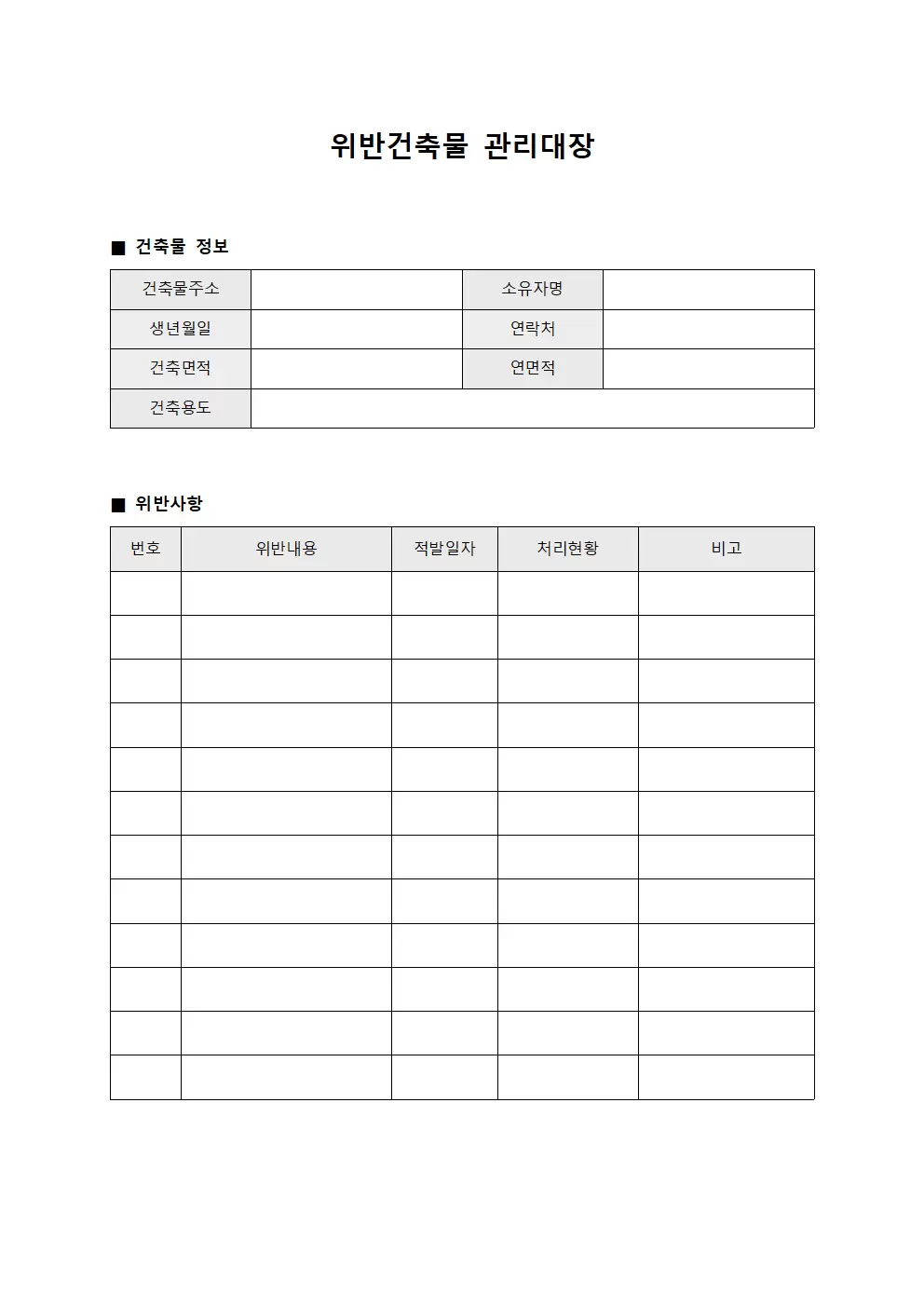 시설점검결과 위반건축물관리대장