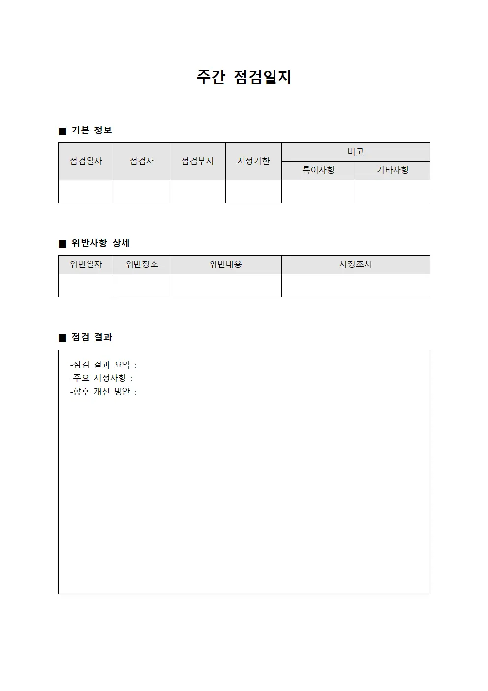 위반사항시정현황 주간점검일지