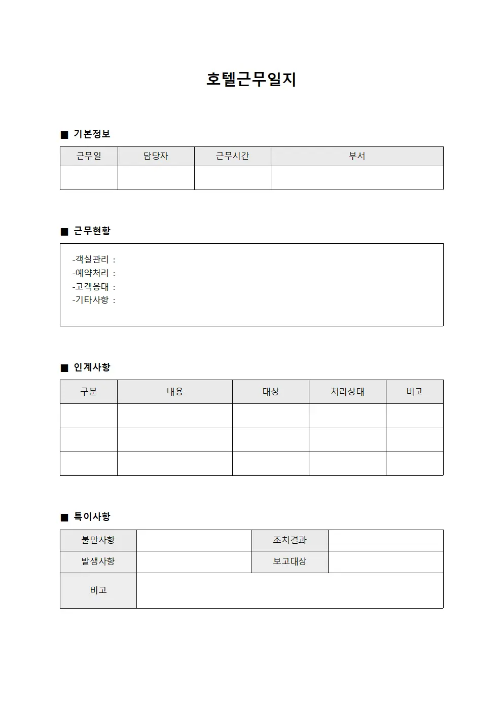 약품 재고 현황 호텔근무일지