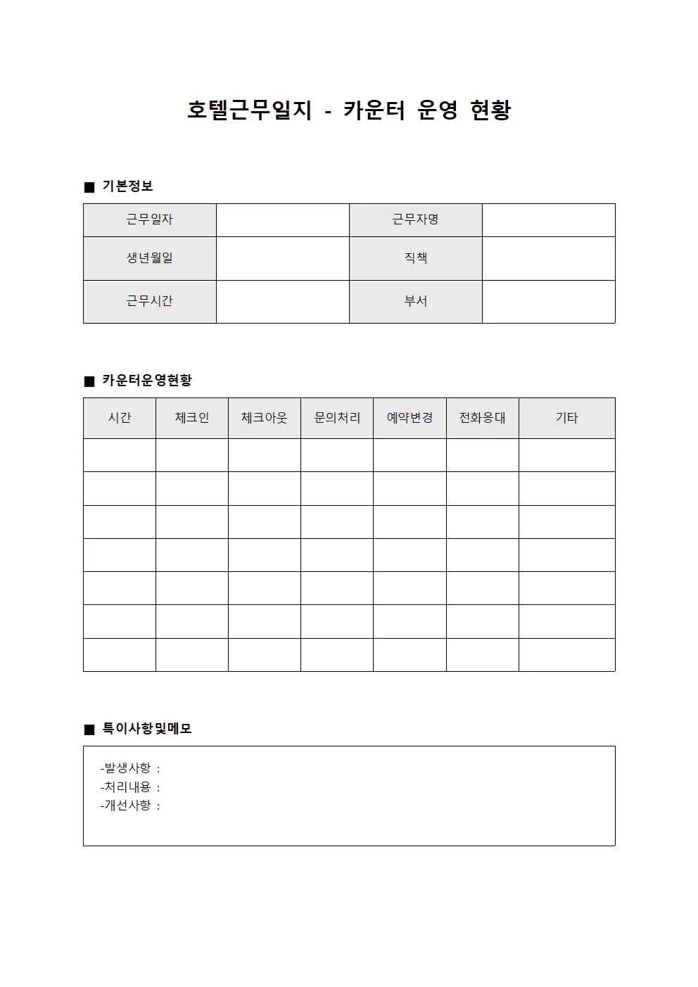 호텔근무일지 - 카운터 운영 현황
