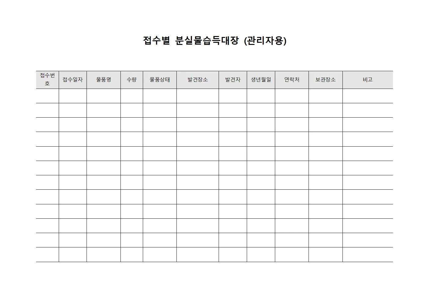 접수별 분실물습득대장