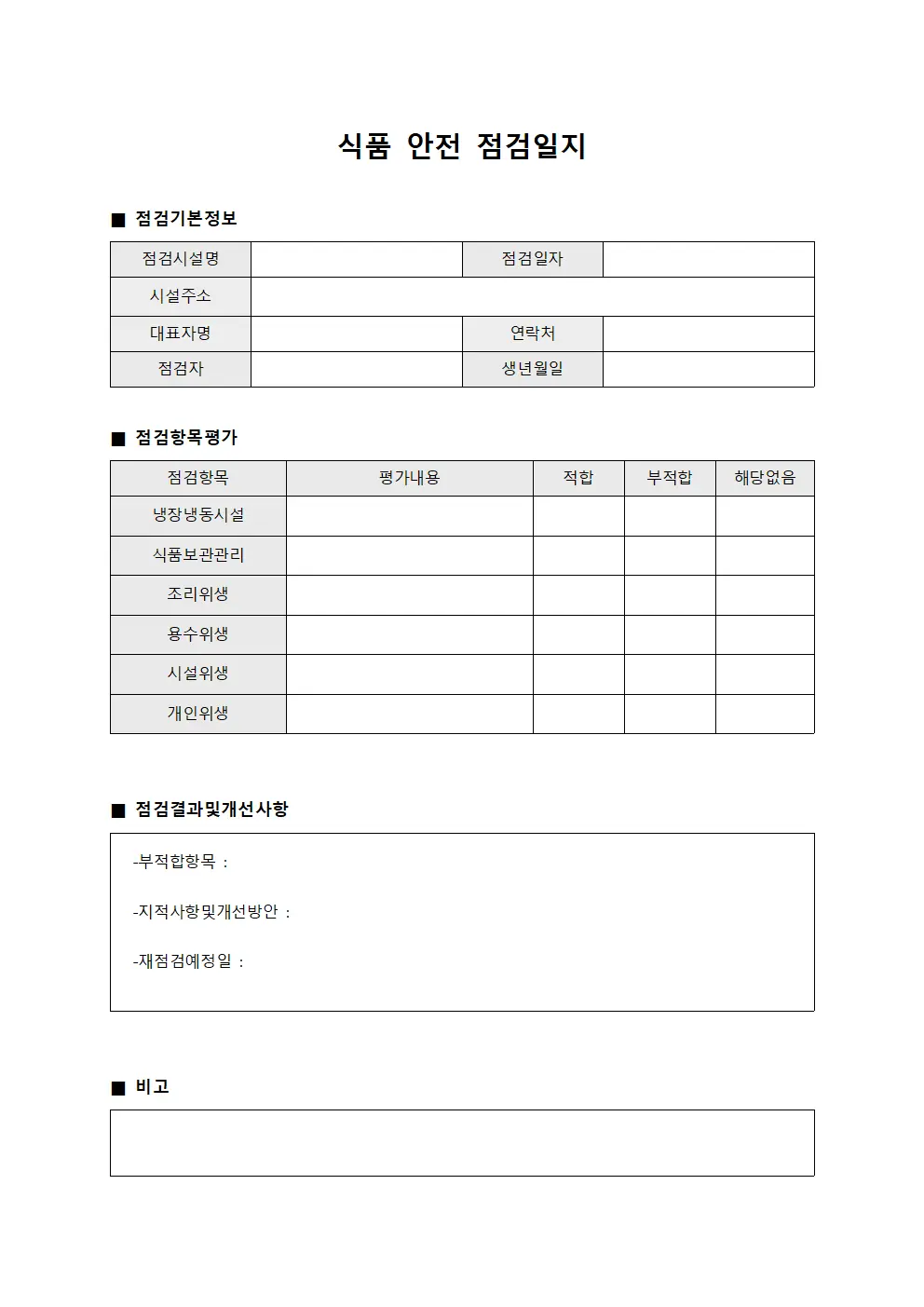 식품 안전 점검일지 템플릿