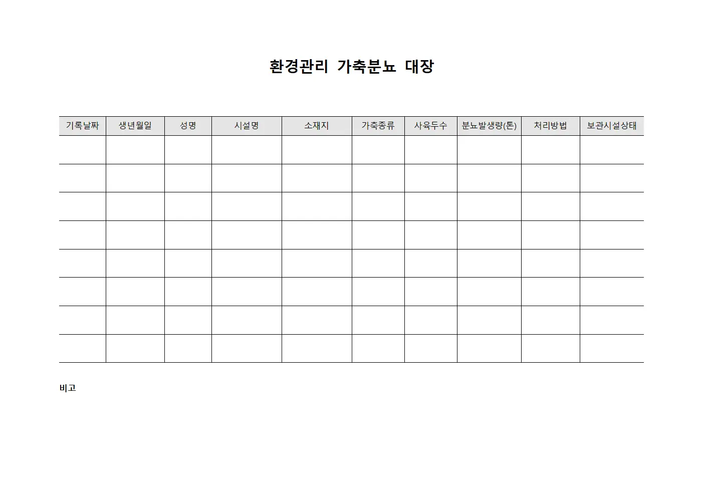 환경관리 가축분뇨 대장 문서양식