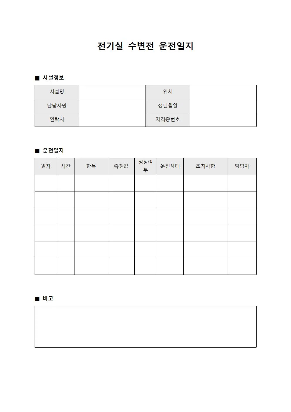 전기실 수변전 운전일지