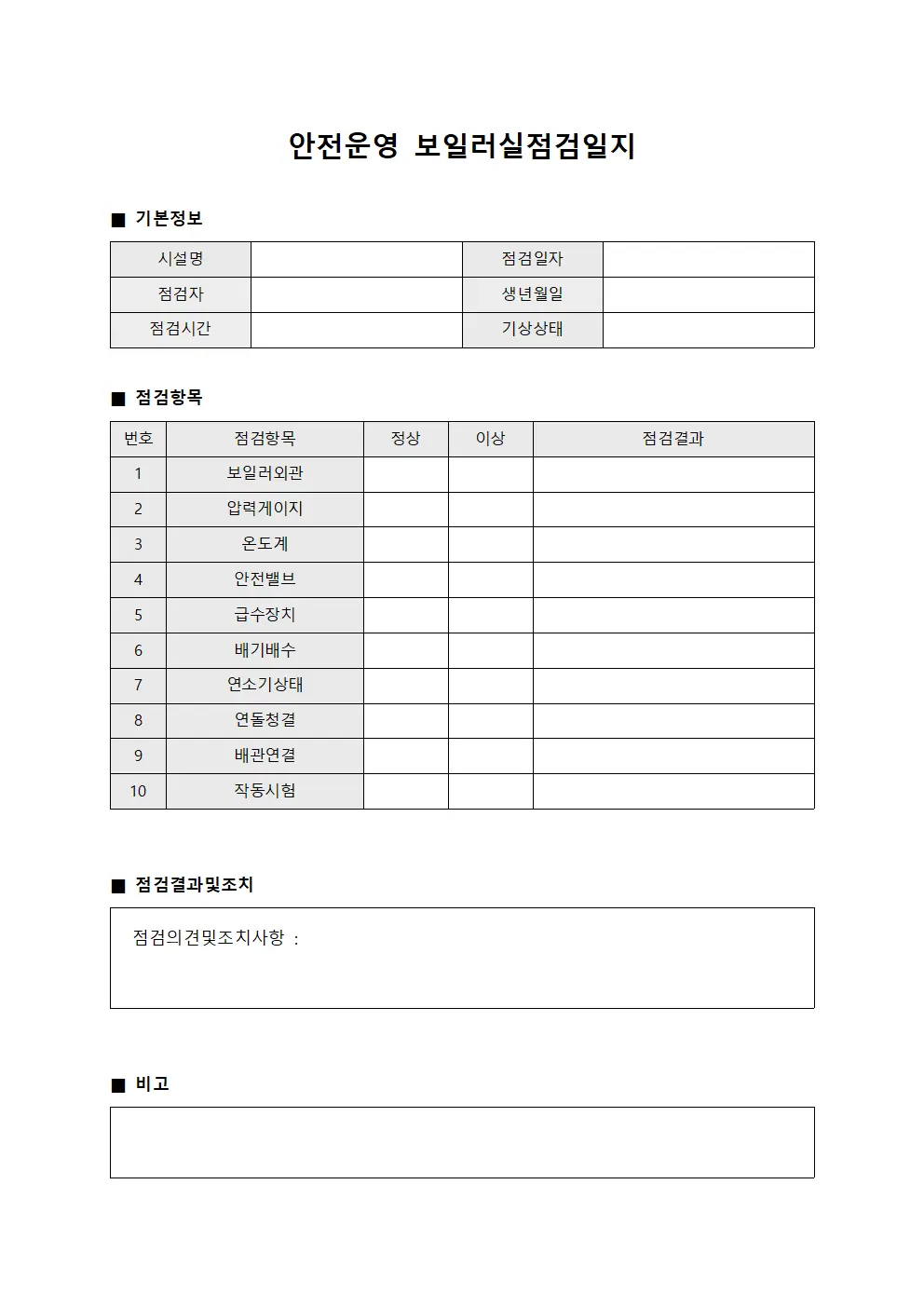 안전운영 보일러실점검일지