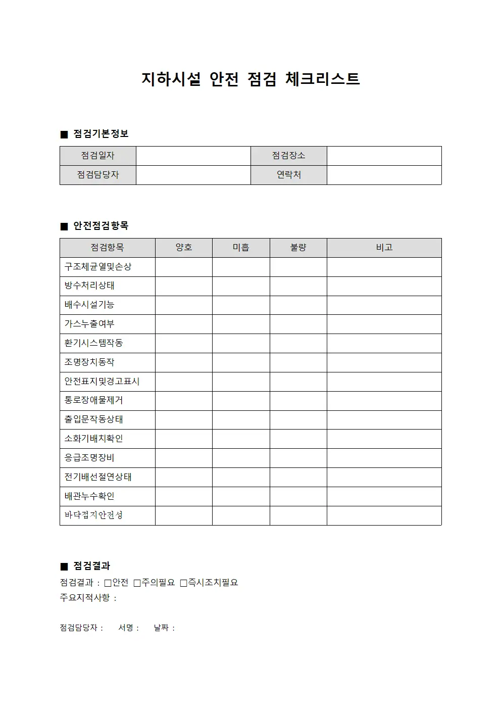 지하시설 안전 점검 체크리스트