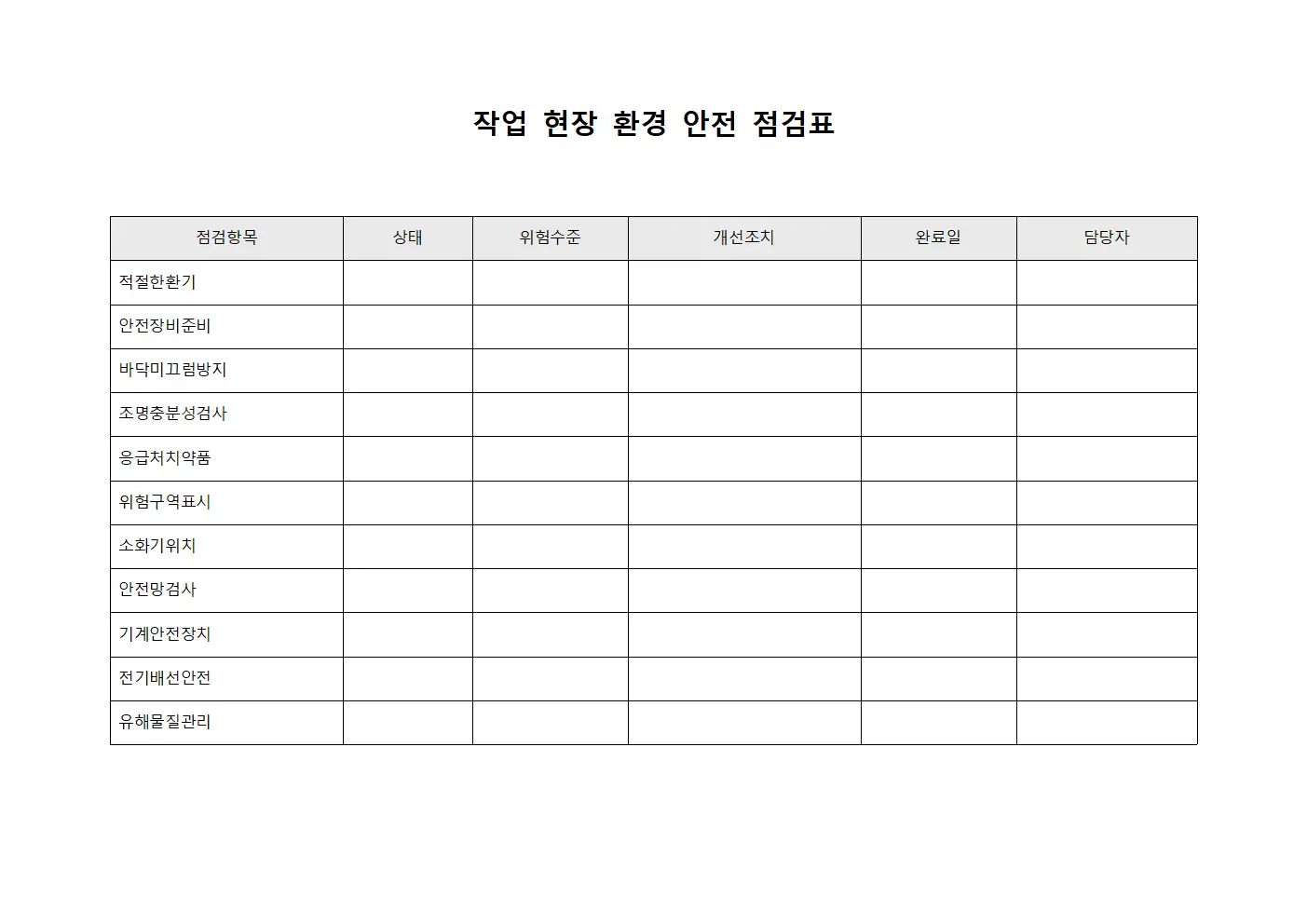 작업 현장 환경 안전 점검표 파일양식