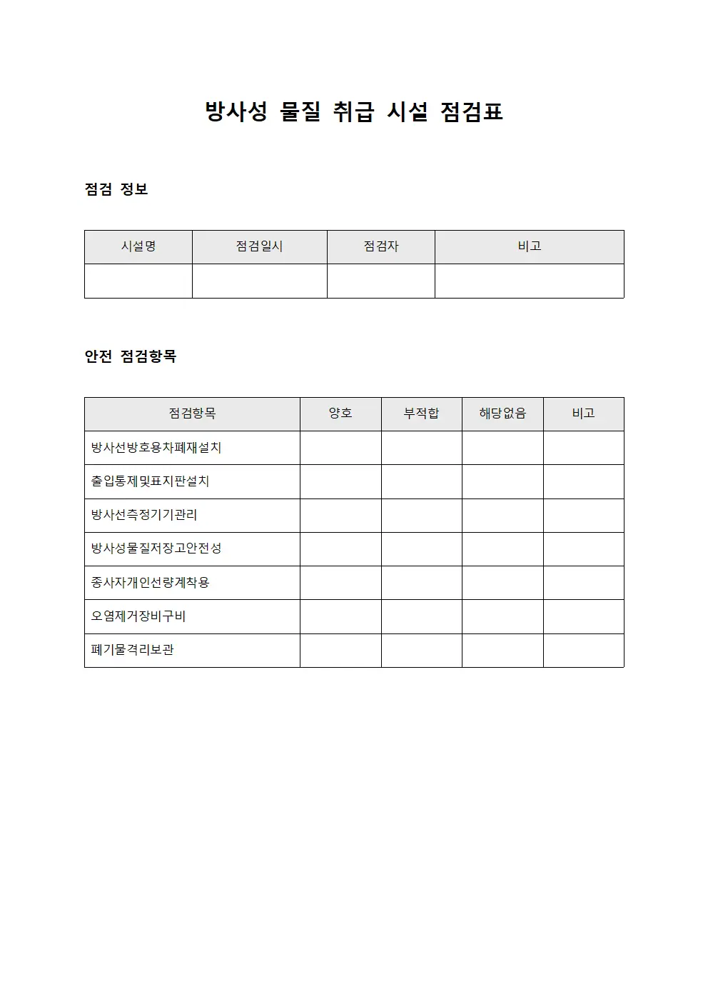 방사성 물질 취급 시설 점검표 템플릿 양식