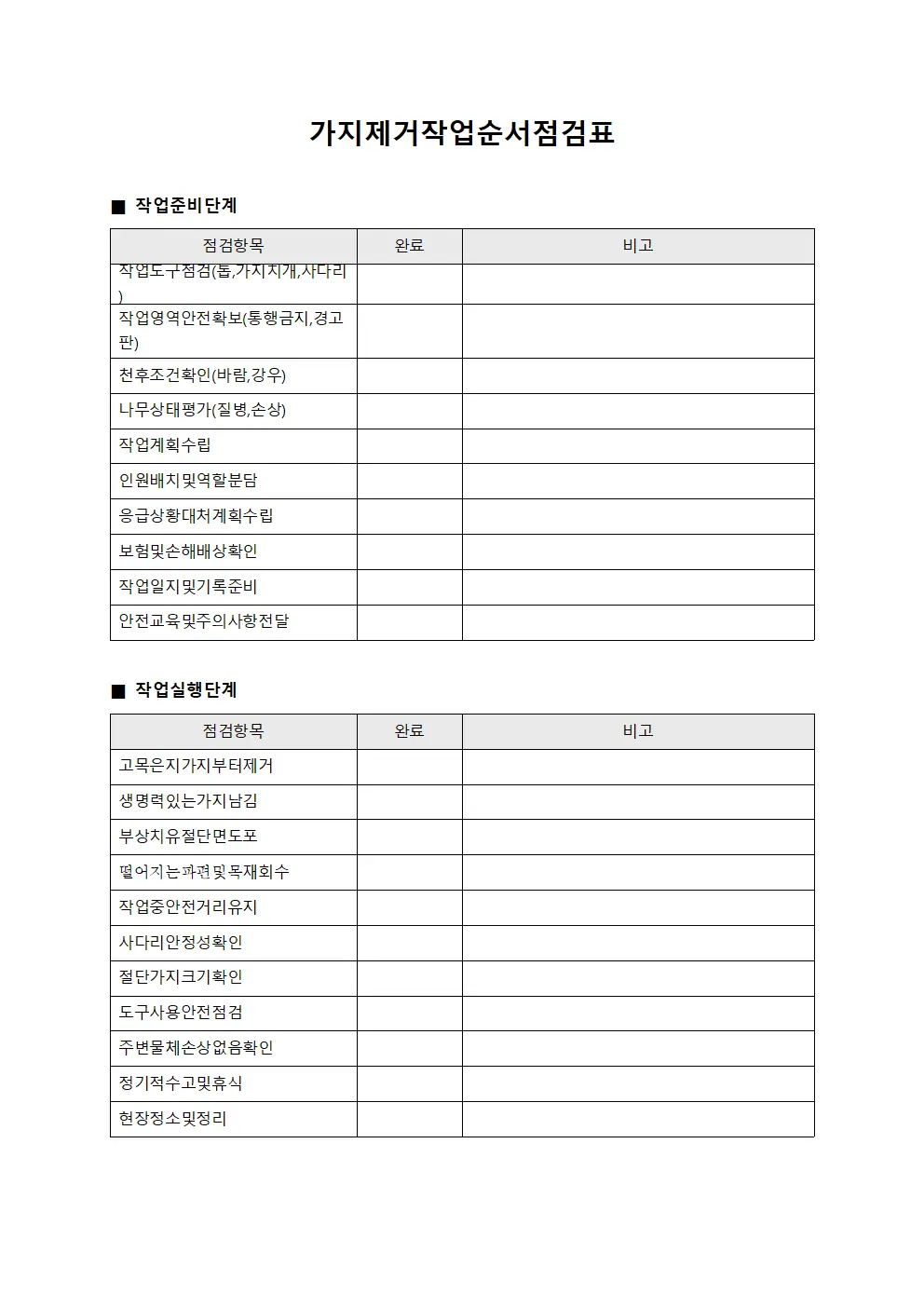 가지제거작업순서점검표 서식문서