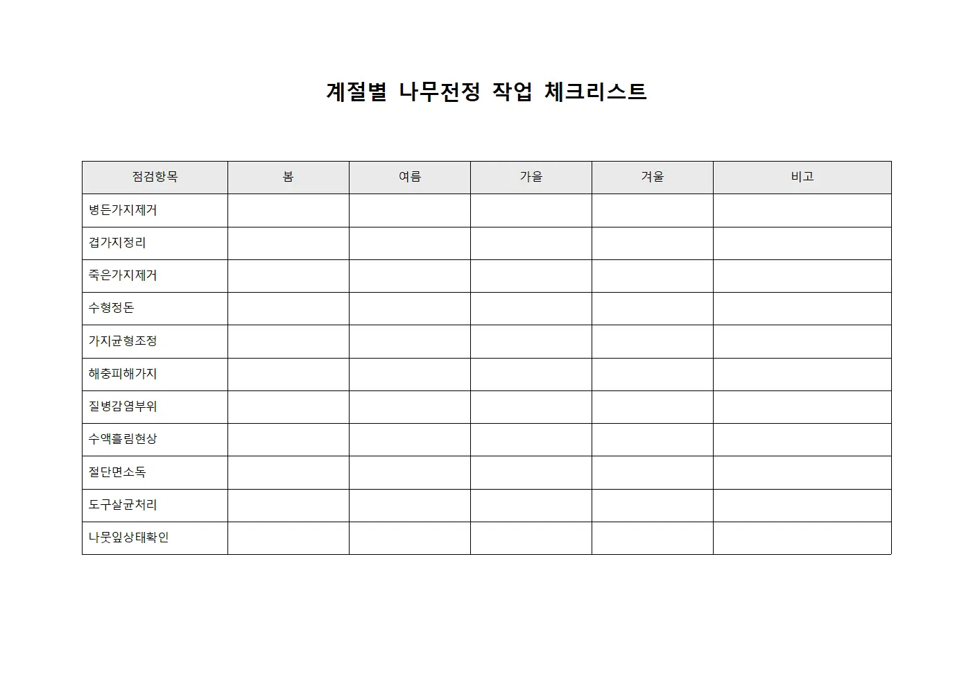 계절별 나무전정 작업 체크리스트 서식