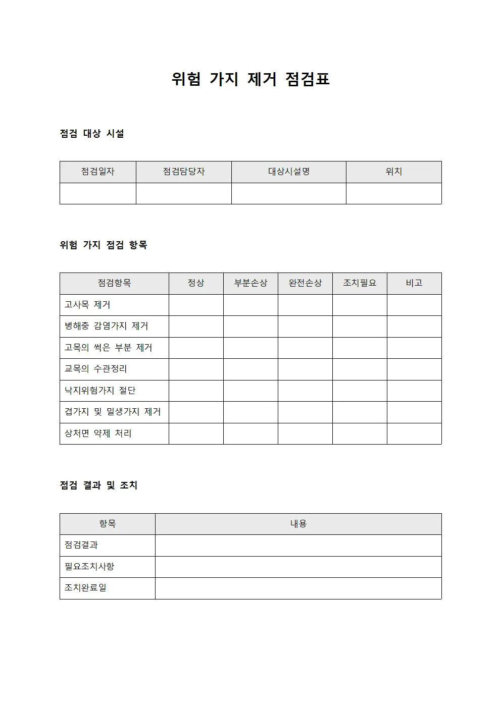 위험 가지 제거 점검표