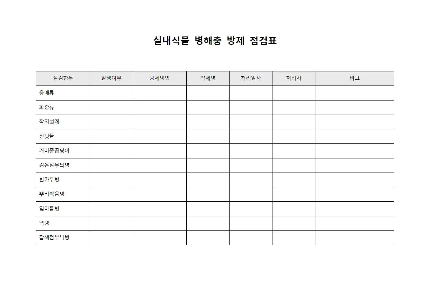 실내식물 병해충 방제 점검표 파일양식