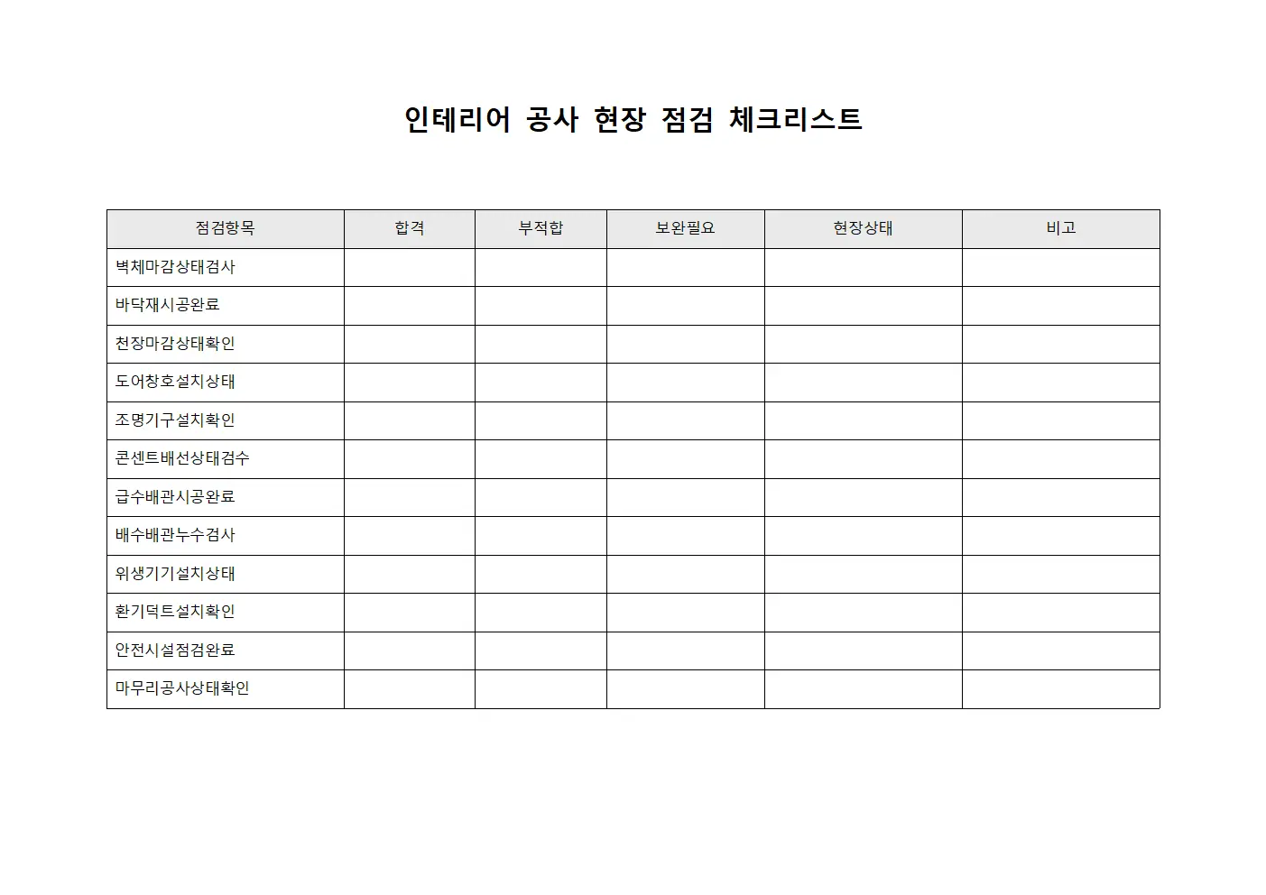 인테리어 공사 현장 점검 체크리스트