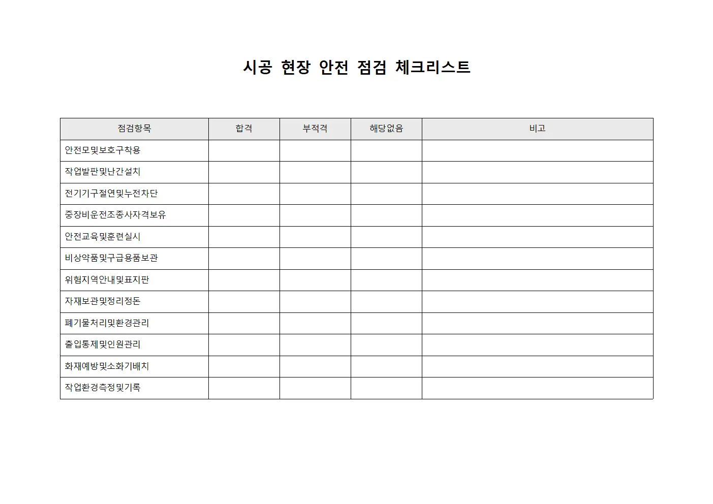 시공 현장 안전 점검 체크리스트