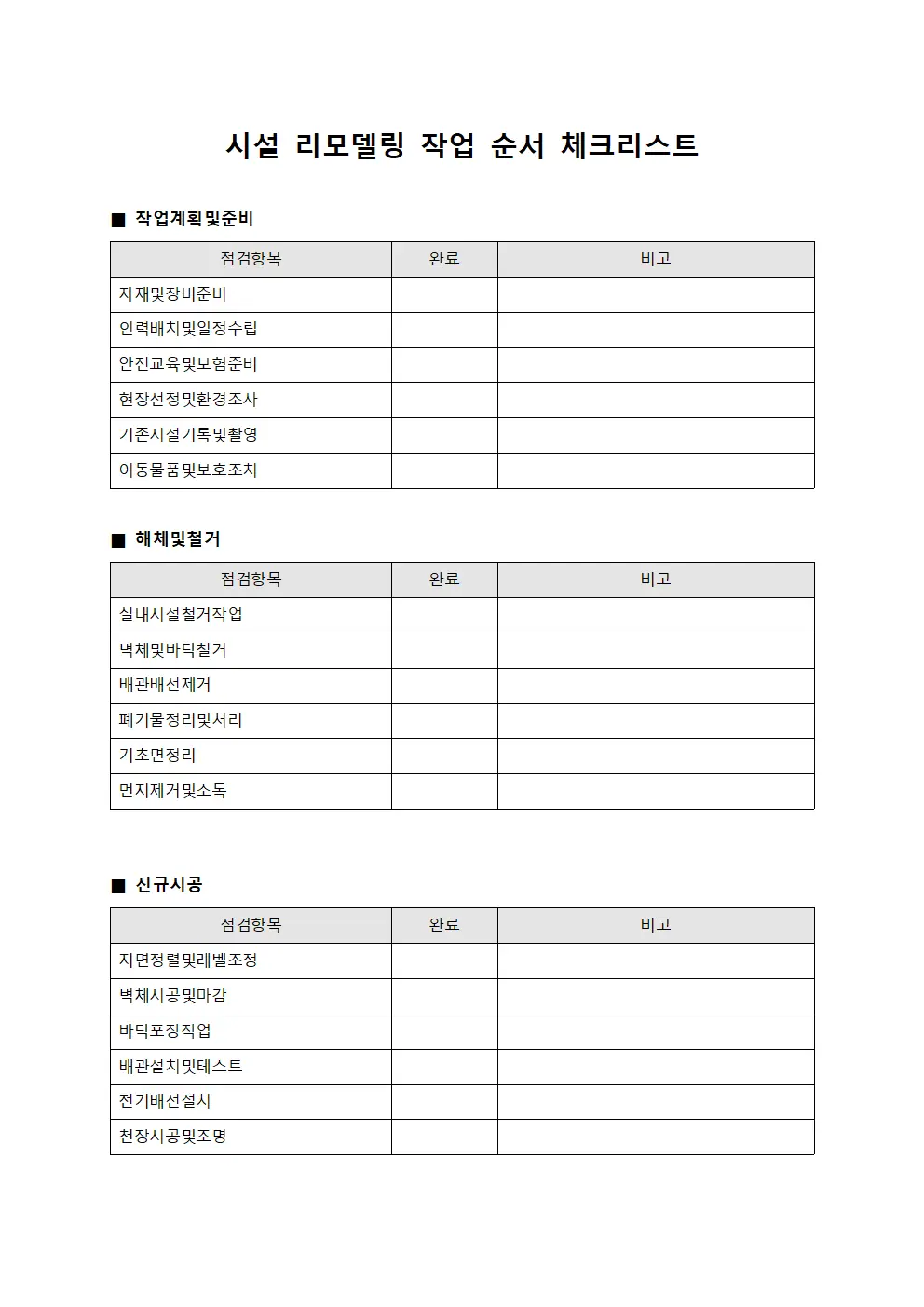 시설 리모델링 작업 순서 체크리스트