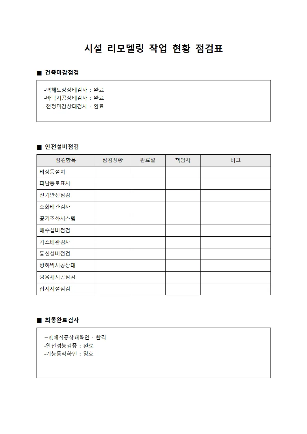시설 리모델링 작업 현황 점검표