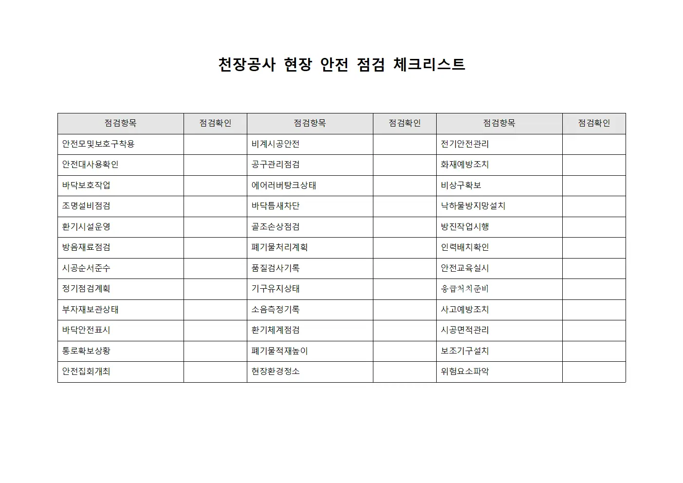 천장공사 현장 안전 점검 체크리스트