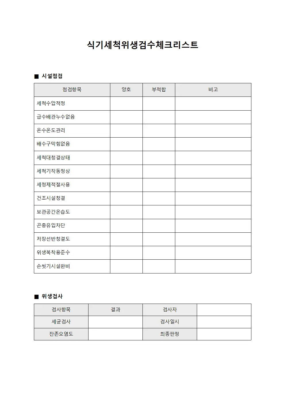 식기세척위생검수체크리스트 템플릿