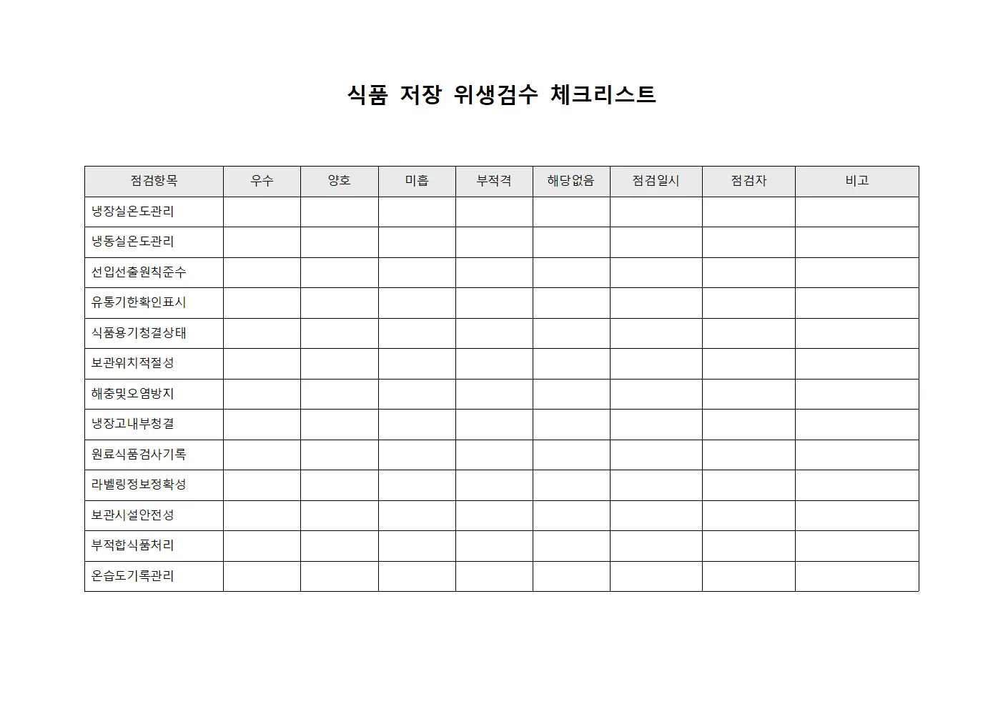 식품 저장 위생검수 체크리스트 문서.서식