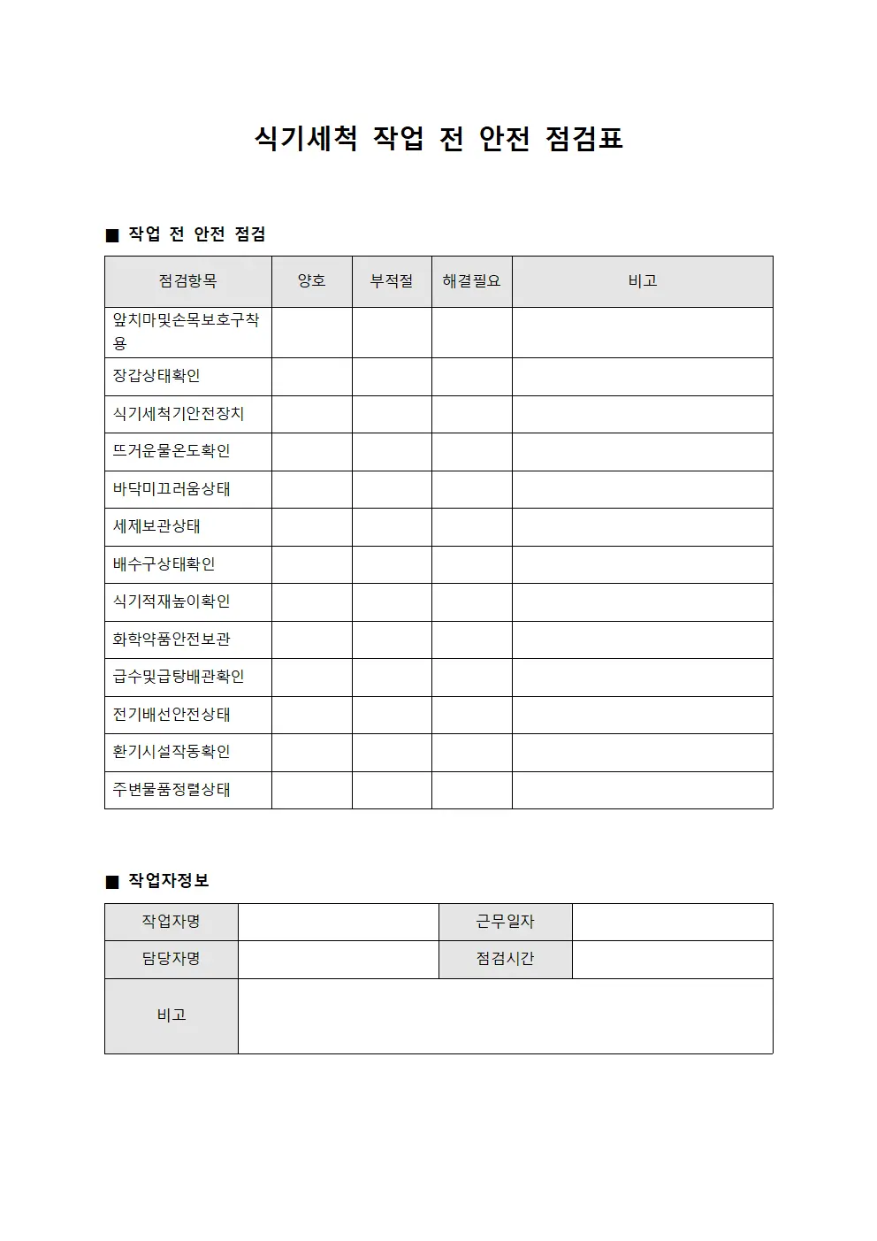 식기세척 작업 전 안전 점검표
