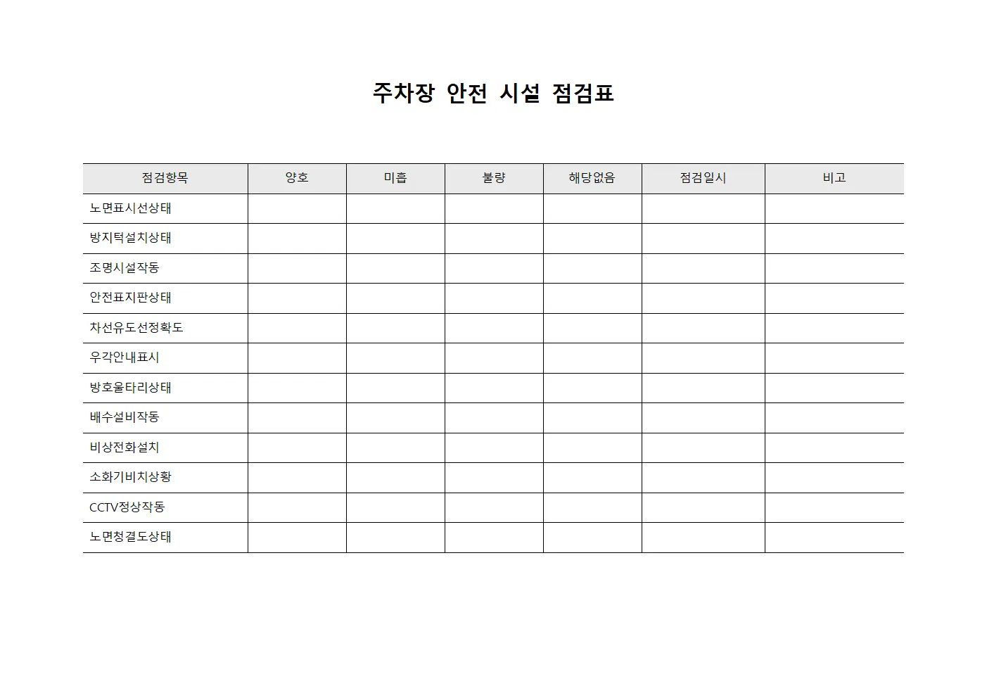 주차장 안전 시설 점검표 템플릿 양식