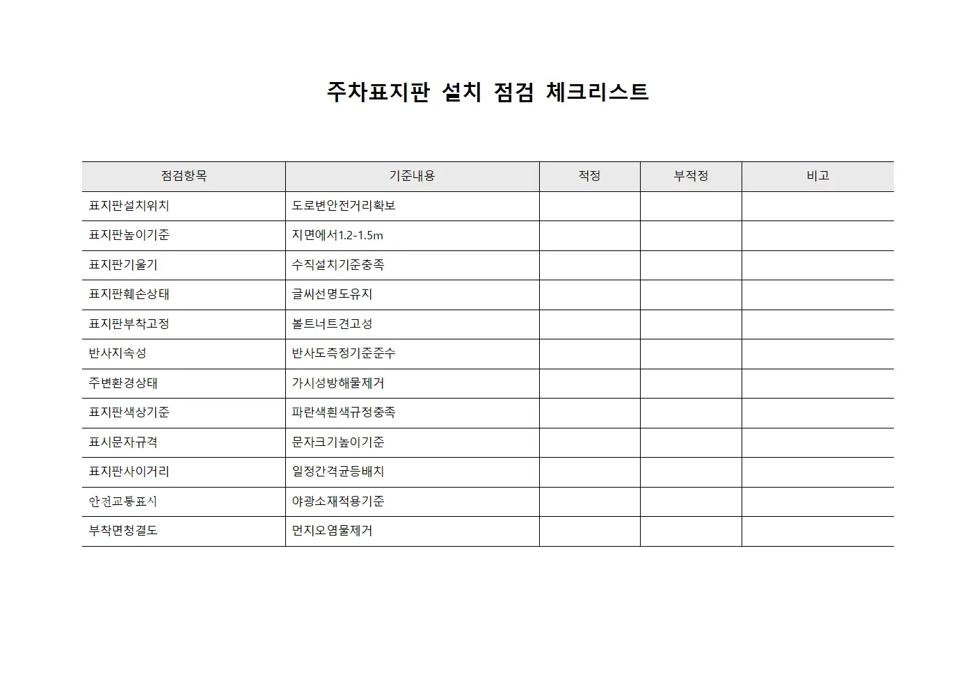 주차표지판 설치 점검 체크리스트 양식
