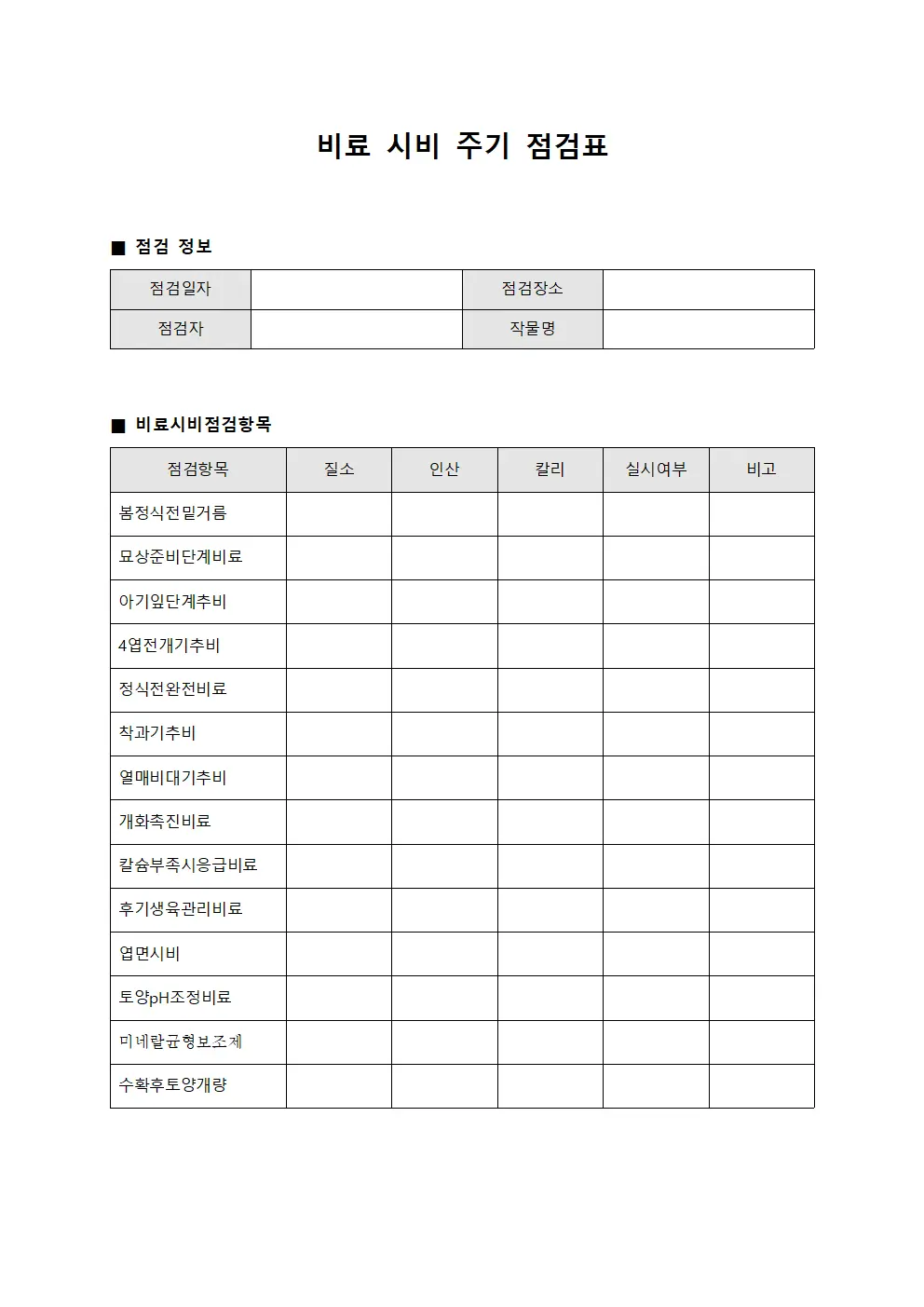 비료 시비 주기 점검표 문서서식