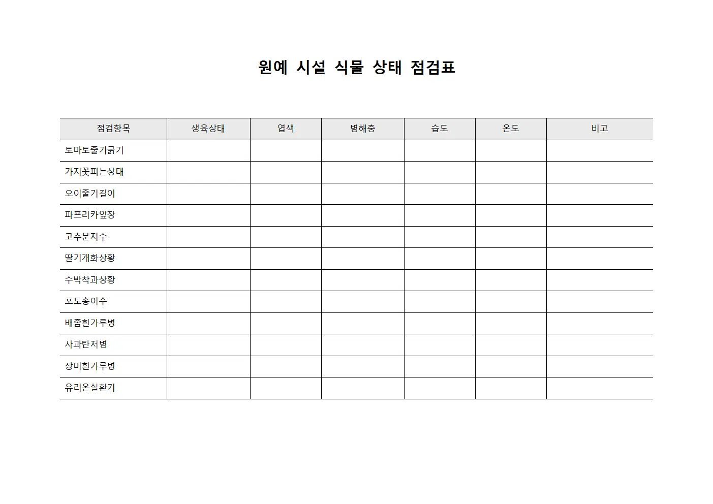 원예 시설 식물 상태 점검표 양식