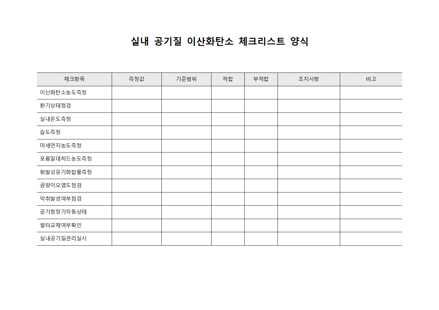 실내 공기질 이산화탄소 체크리스트 양식 서식.양식