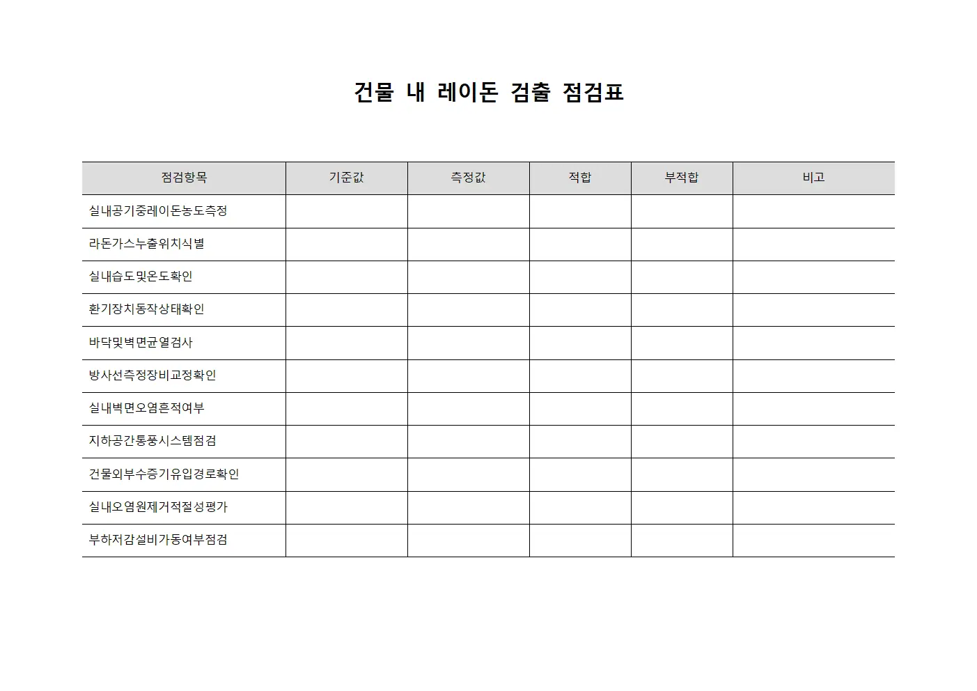 건물 내 레이돈 검출 점검표 서식파일