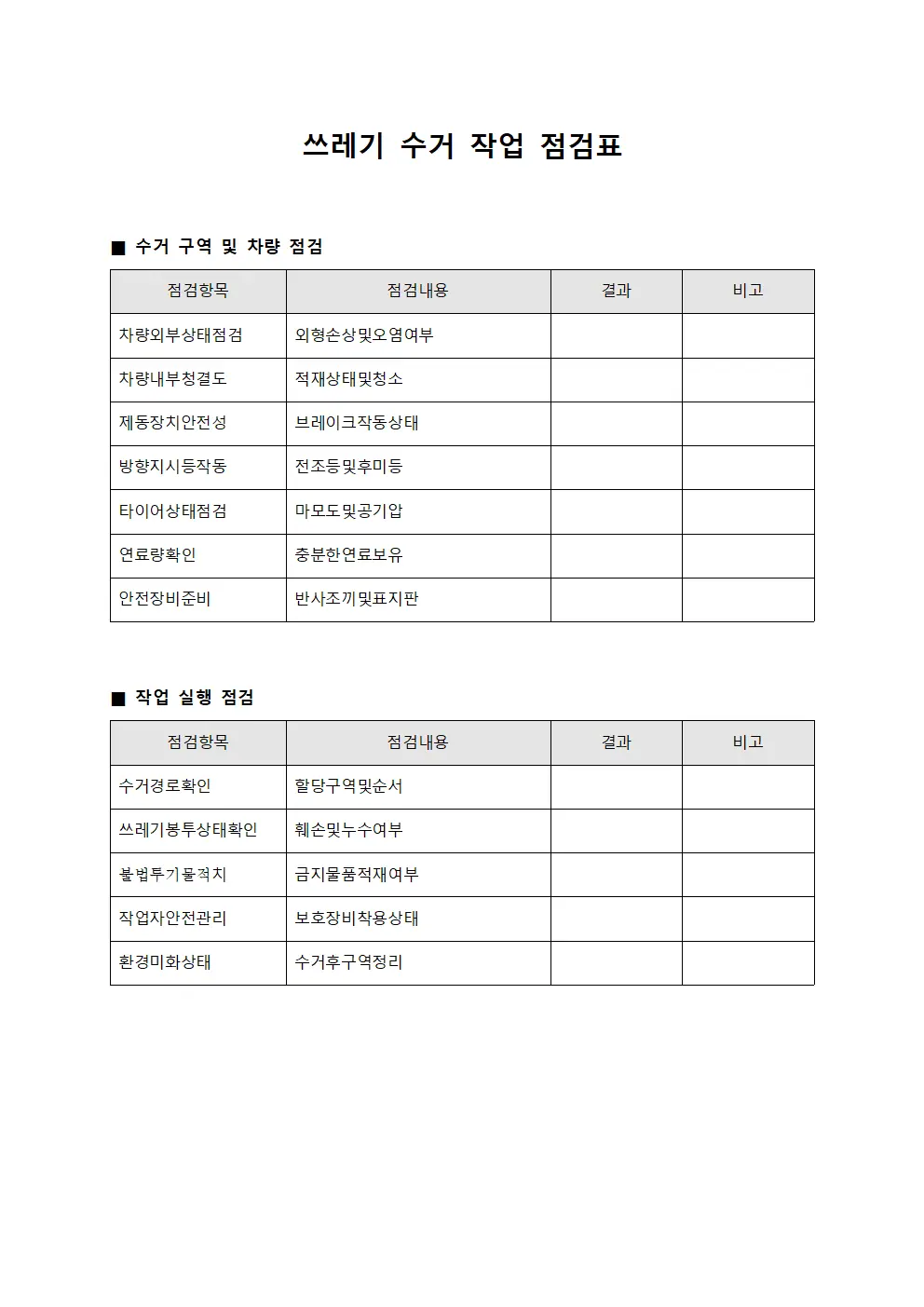 쓰레기 수거 작업 점검표