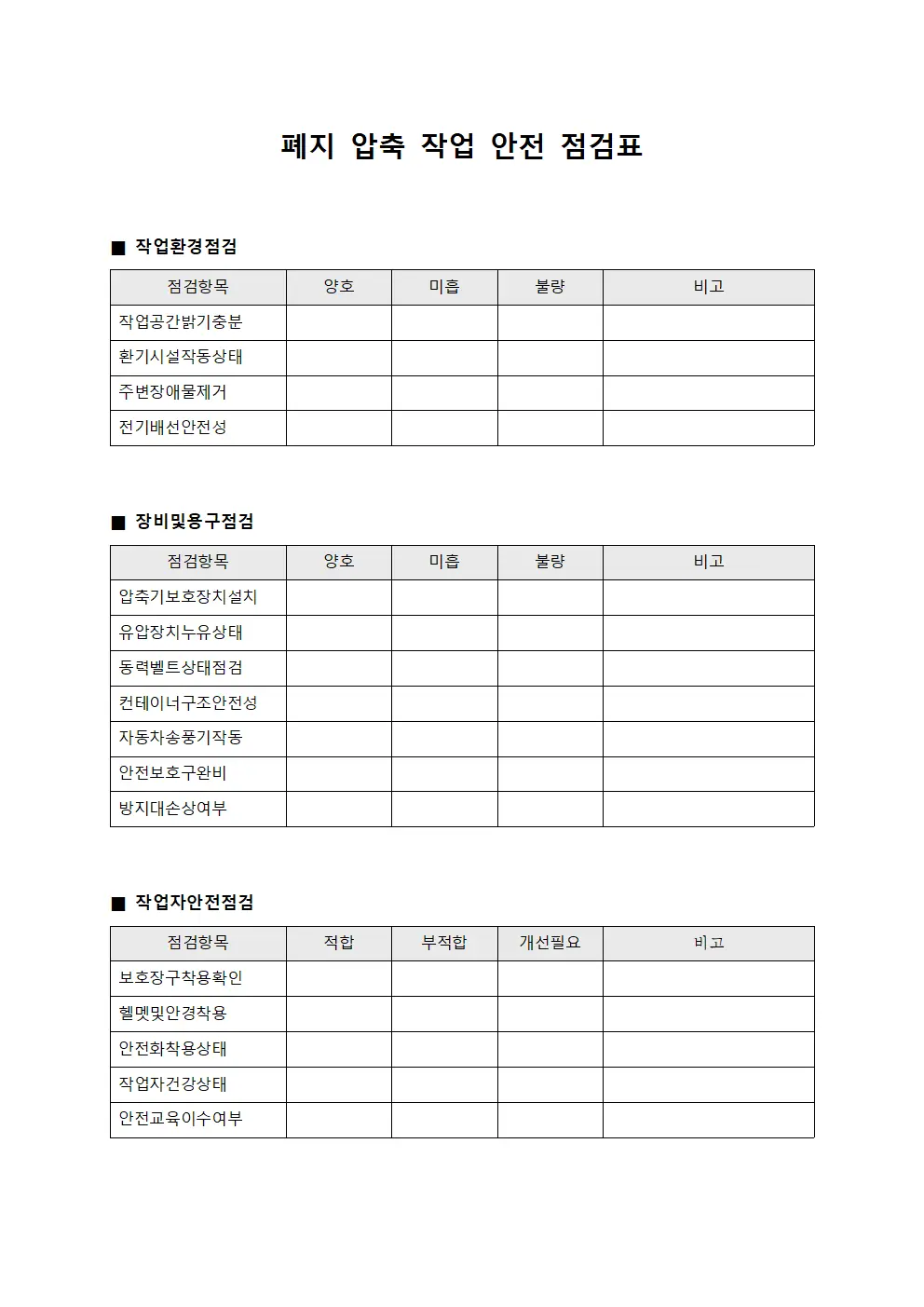 폐지 압축 작업 안전 점검표