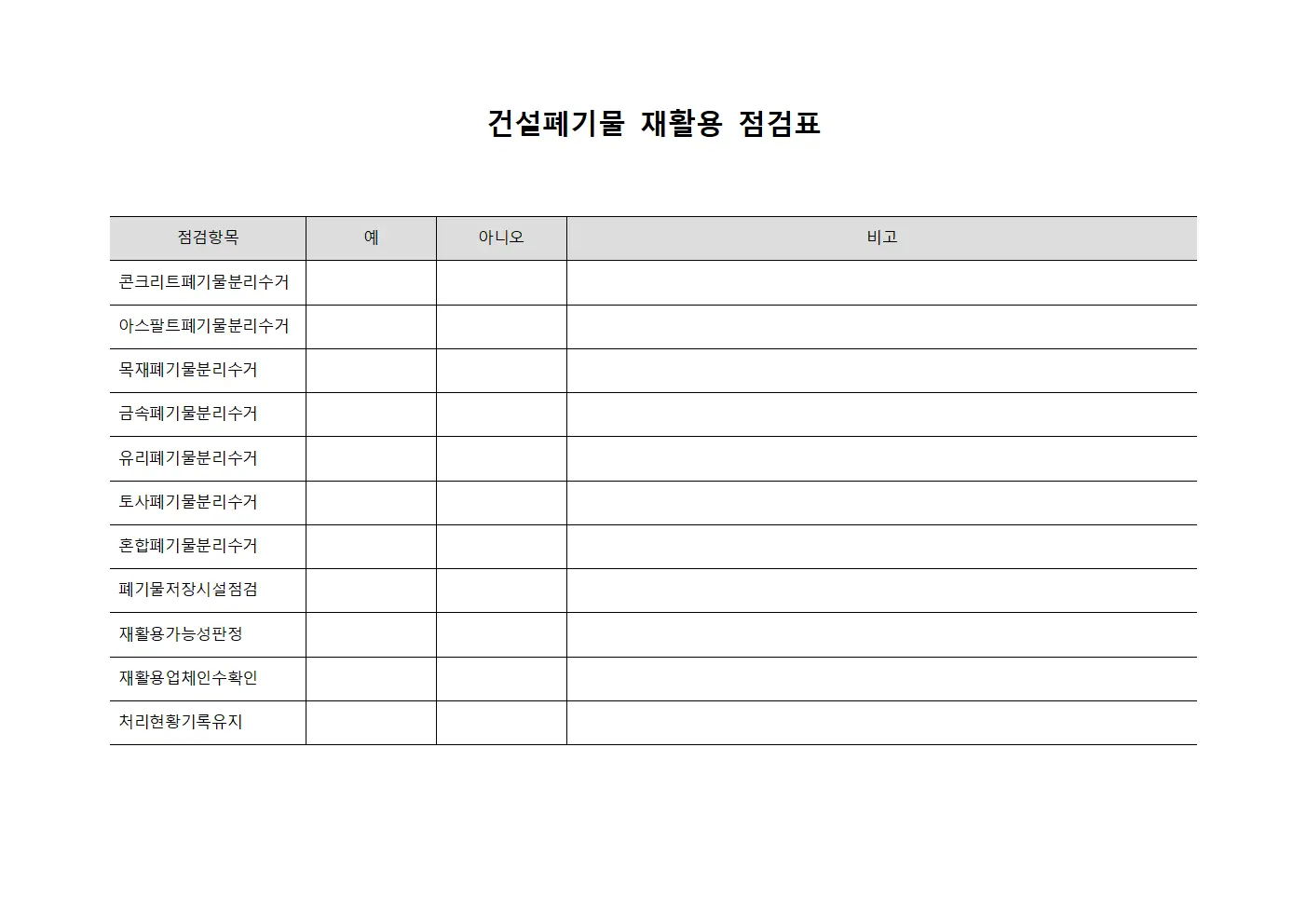 건설폐기물 재활용 점검표