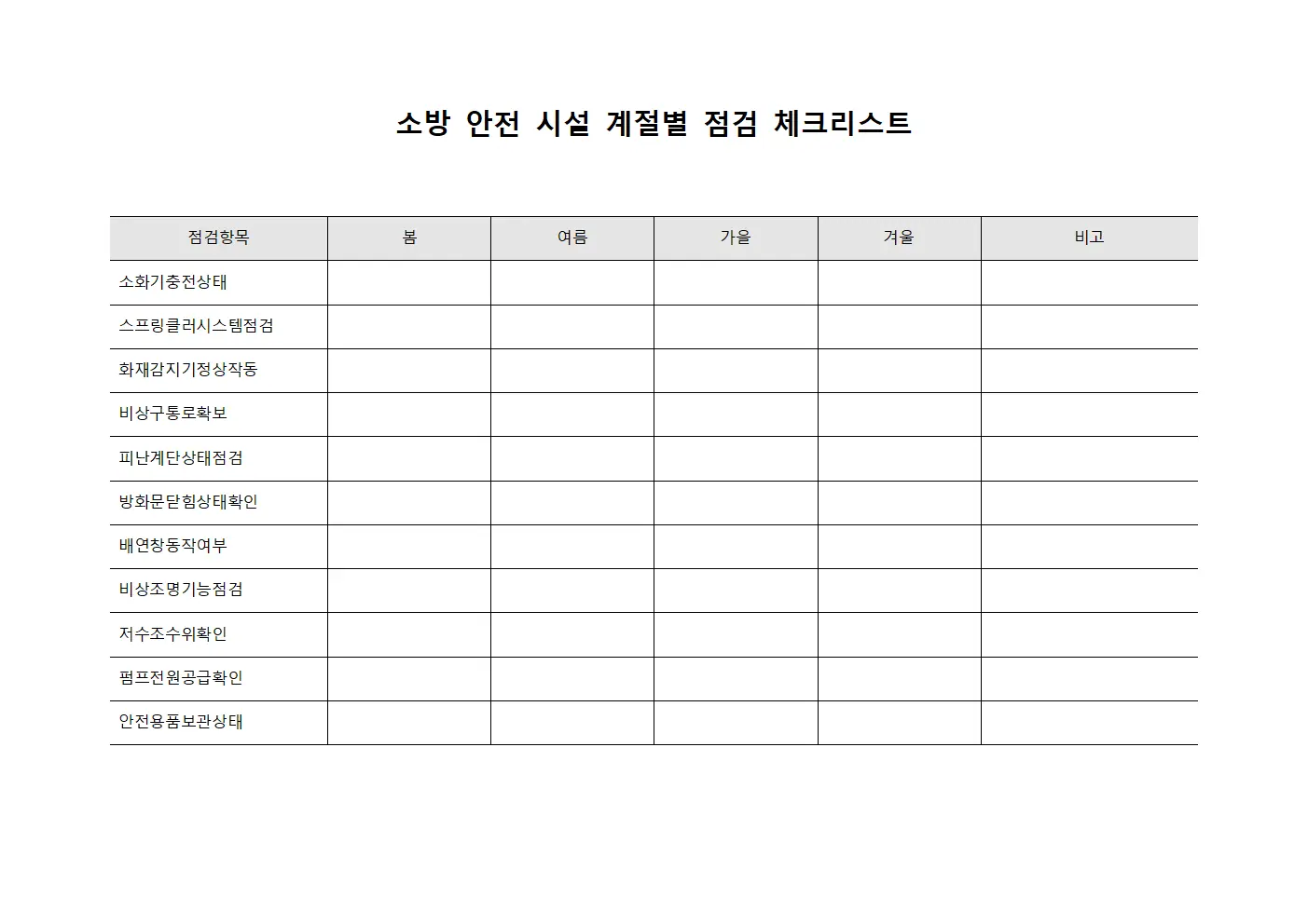 소방 안전 시설 계절별 점검 체크리스트 서식파일