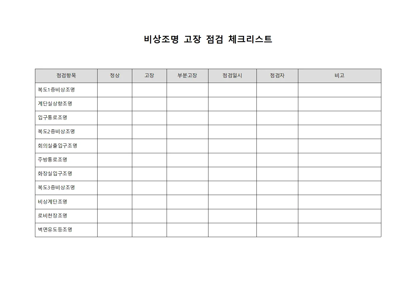 비상조명 고장 점검 체크리스트 양식파일