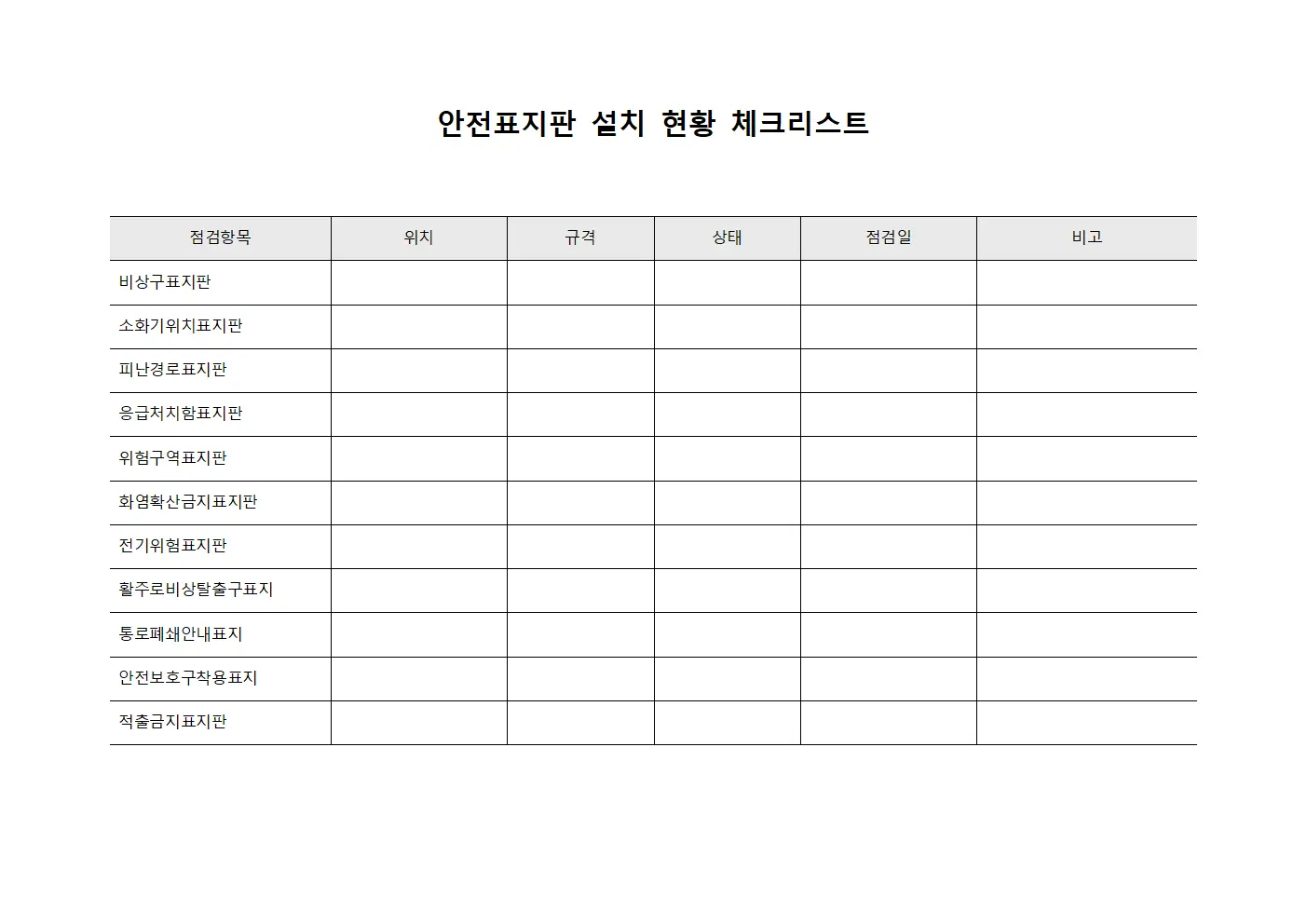안전표지판 설치 현황 체크리스트 양식.서식