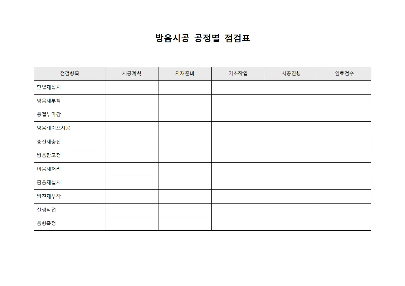 방음시공 공정별 점검표
