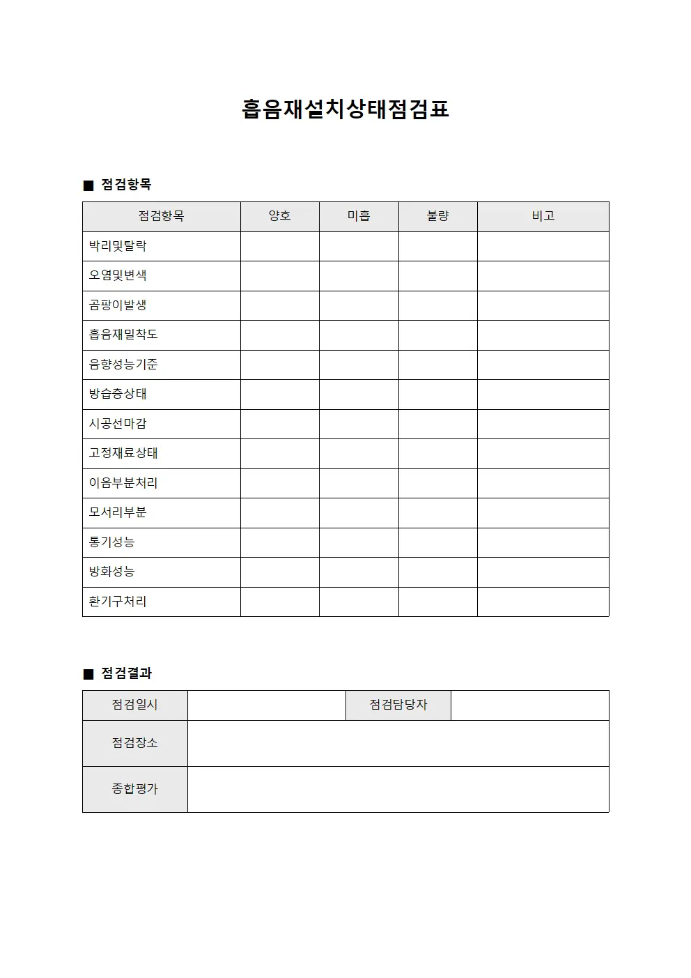 흡음재설치상태점검표 문서양식