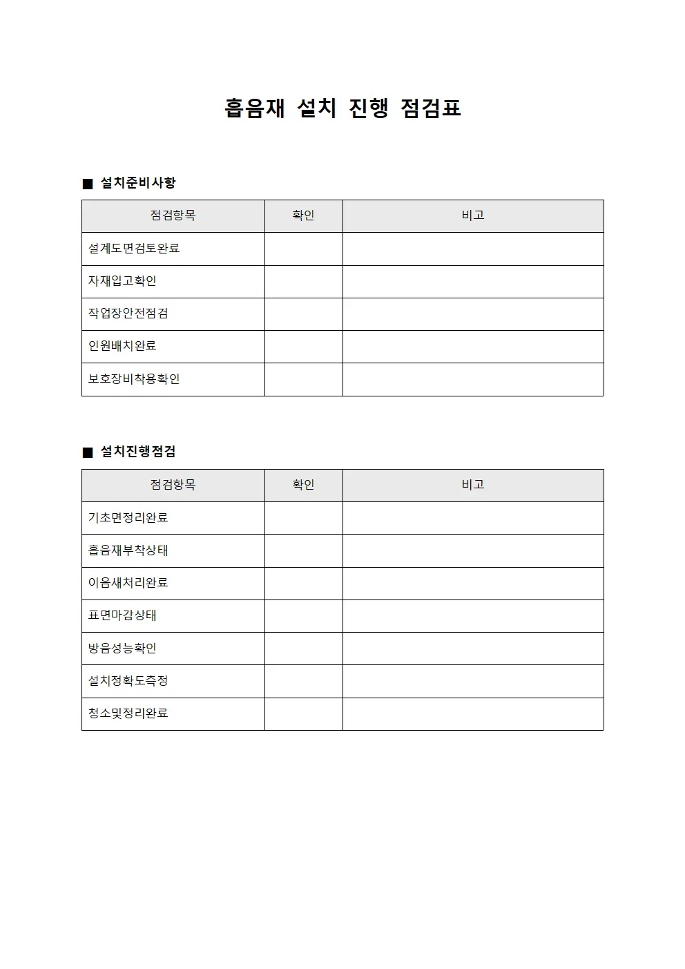 흡음재 설치 진행 점검표 문서서식