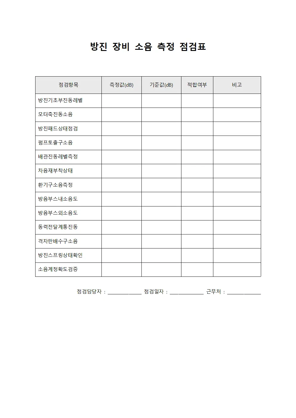 방진 장비 소음 측정 점검표