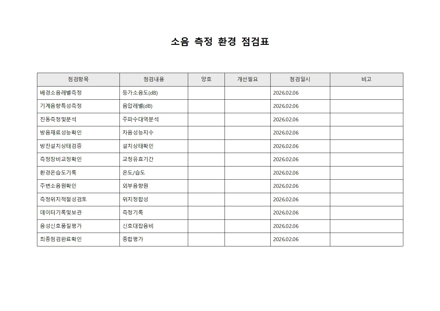 소음 측정 환경 점검표 파일서식
