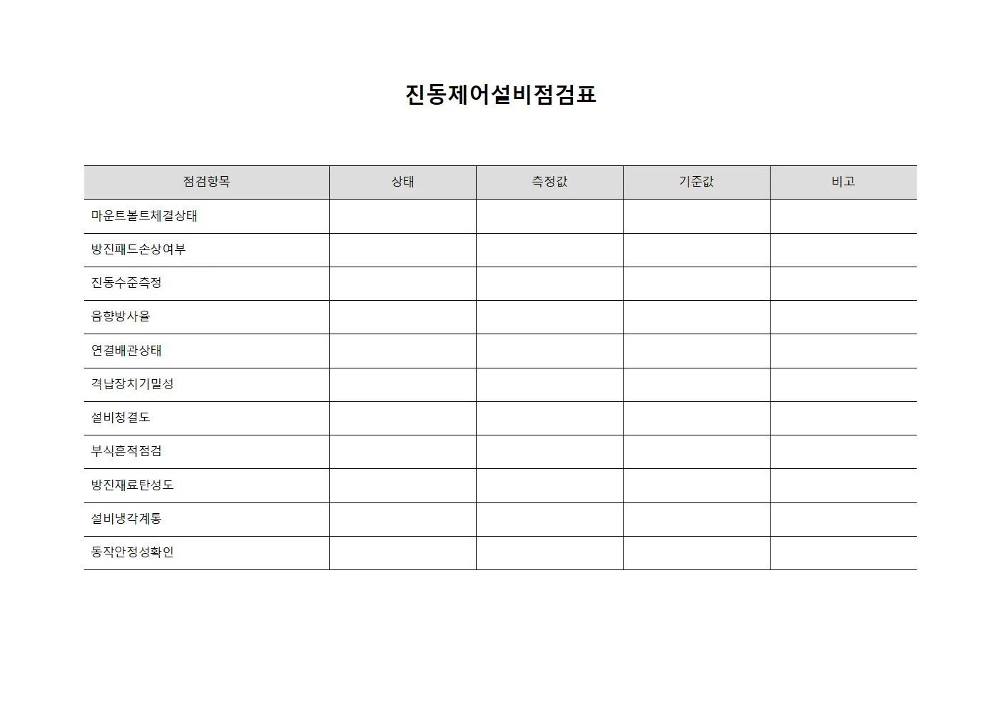 진동제어설비점검표 서식문서