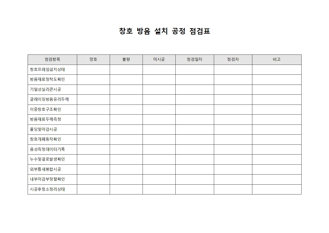 창호 방음 설치 공정 점검표 템플릿 서식