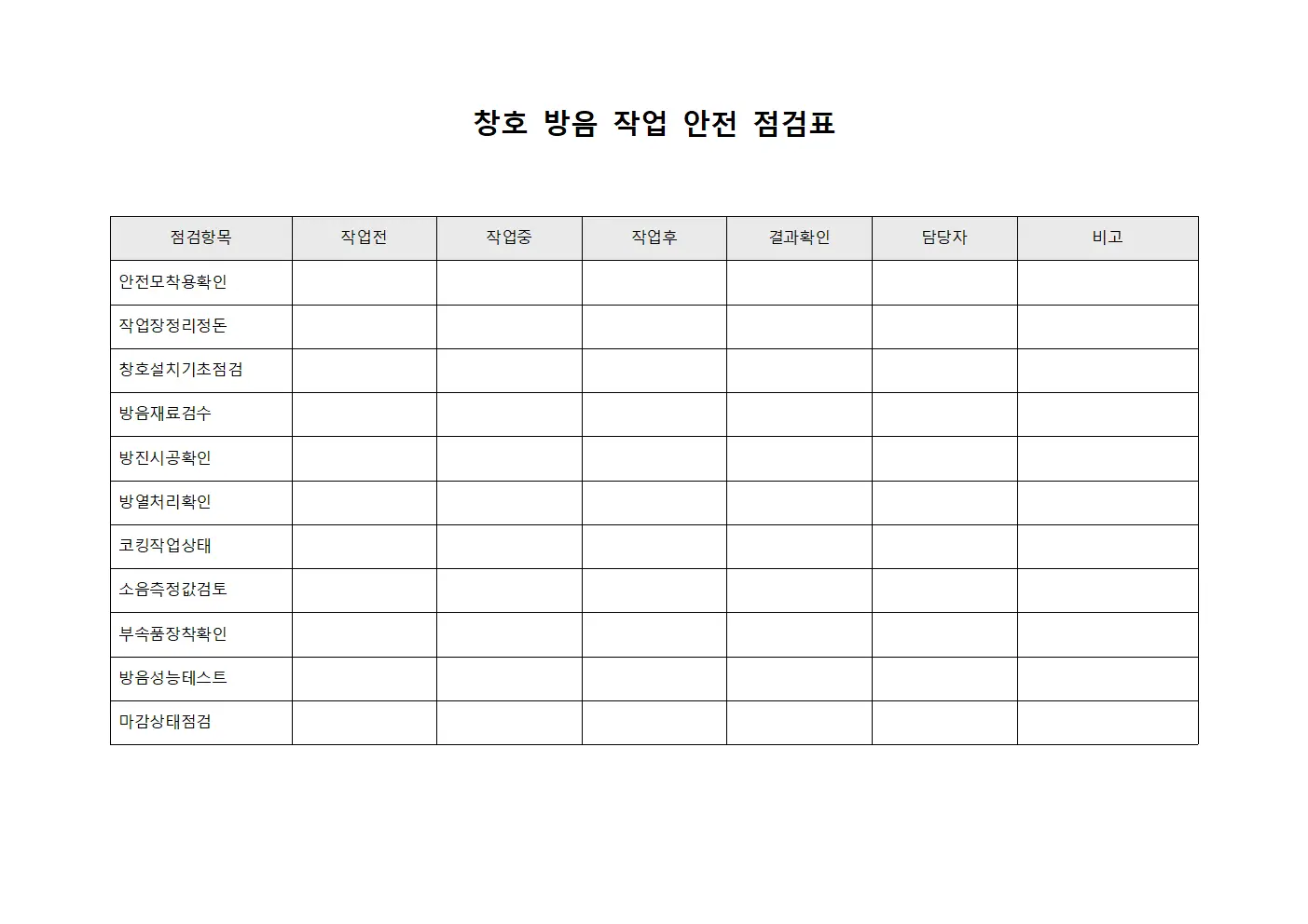 창호 방음 작업 안전 점검표 서식파일