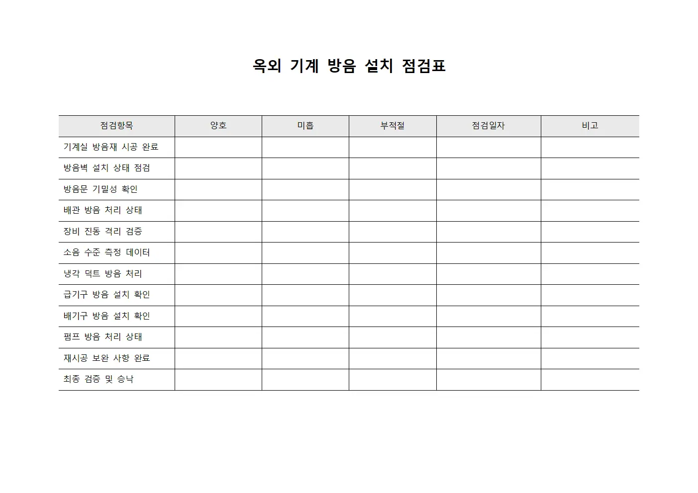 옥외 기계 방음 설치 점검표 서식.양식