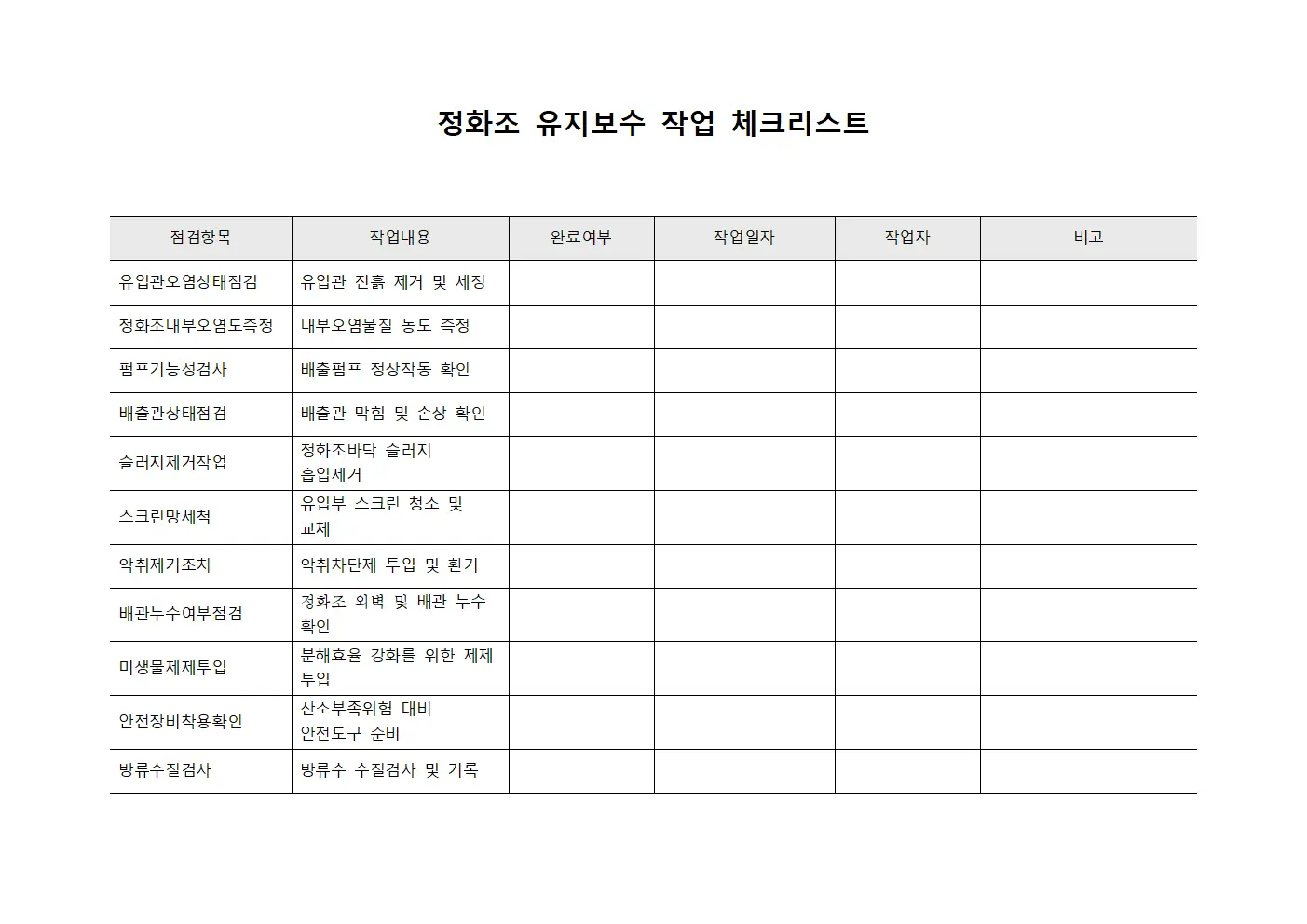 정화조 유지보수 작업 체크리스트