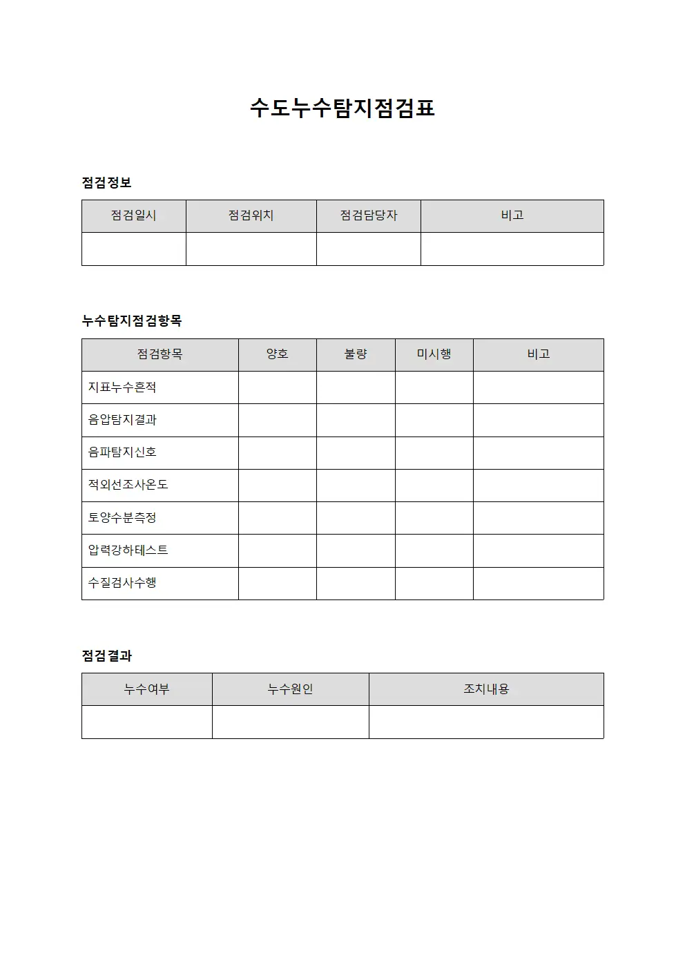 수도누수탐지점검표 서식문서