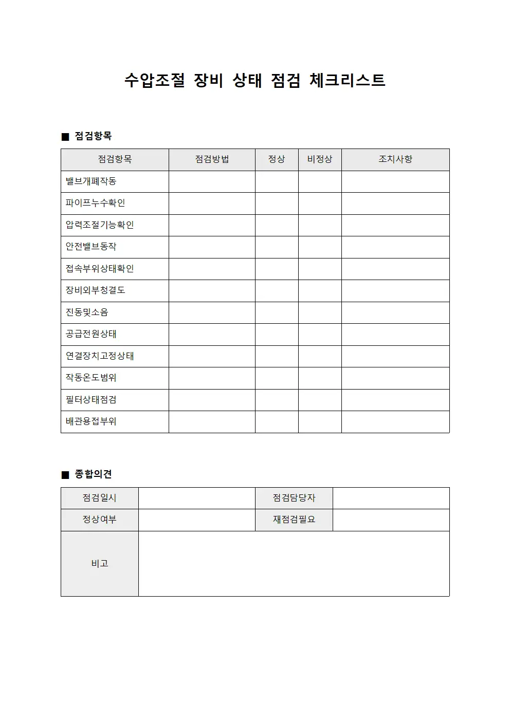 수압조절 장비 상태 점검 체크리스트