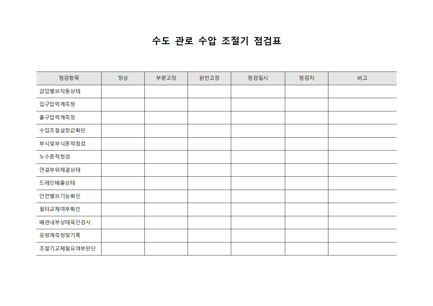 수도 관로 수압 조절기 점검표 템플릿 양식